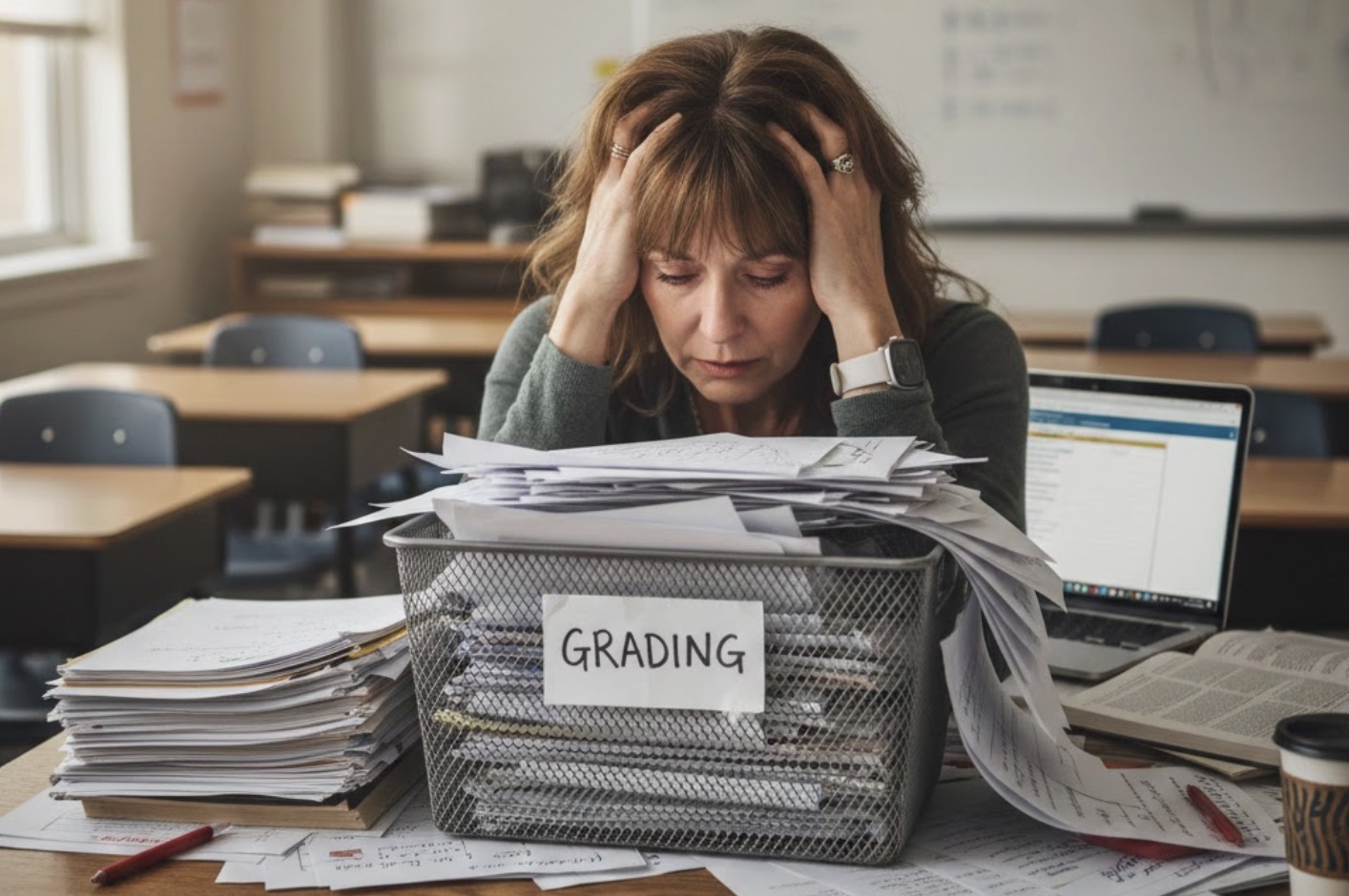 Teacher planning next steps with class materials